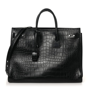 SAINT LAURENT Calfskin Crocodile Embossed Large Souple Sac De Jour Black