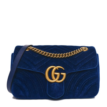 GUCCI Velvet Matelasse Small GG Marmont Shoulder Bag Cobalt Blue