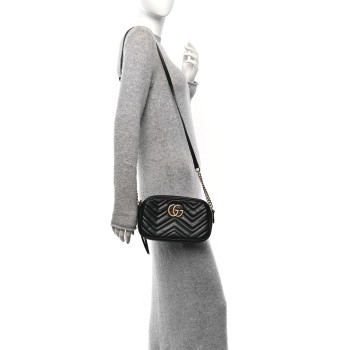 GUCCI Calfskin Matelasse Small GG Marmont Chain Shoulder Bag Black