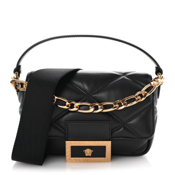 VERSACE Calfskin Quilted Medusa Small Top Handle Shoulder Bag Black