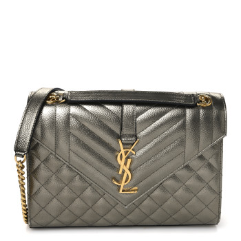 SAINT LAURENT Grain De Poudre Textured Mixed Matelasse Medium Triquilt Monogram Satchel Piombo