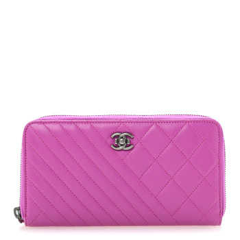 CHANEL Lambskin Quilted Small Coco Boy Zip Around Wallet Purple