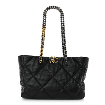 CHANEL Lambskin Quilted Chanel 19 East West Shopping Bag Black