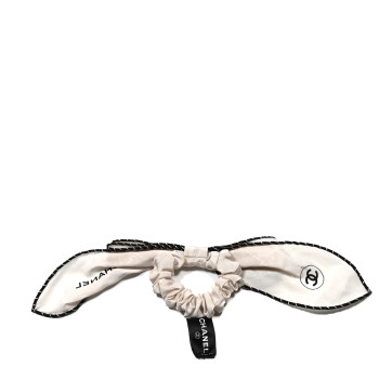CHANEL Silk CC Hair Tie Ecru Black Silver