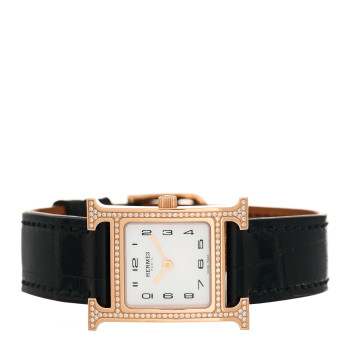 HERMES 18K Rose Gold Alligator Diamond Bezel Mother of Pearl 21mm Heure H Hour Quartz Watch Noir