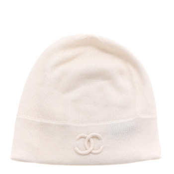 CHANEL Cashmere Cotton CC Beanie Hat White