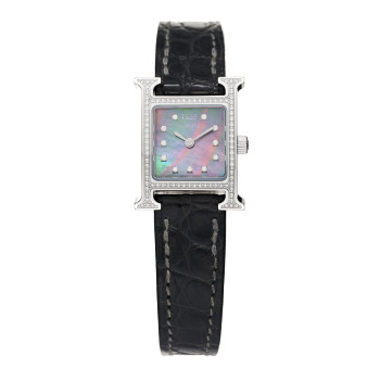 HERMES Stainless Steel Alligator Diamond Bezel Black Mother of Pearl 17.2mm Heure H Hour Quartz Watch Graphite