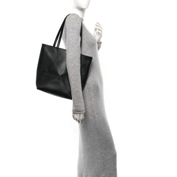 LOEWE Shiny Calfskin Medium Puzzle Fold Tote Black