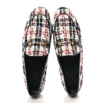 GUCCI Tweed Check Horsebit Womens Jordaan Loafers 36.5 Gardenia Ink Blue Agata
