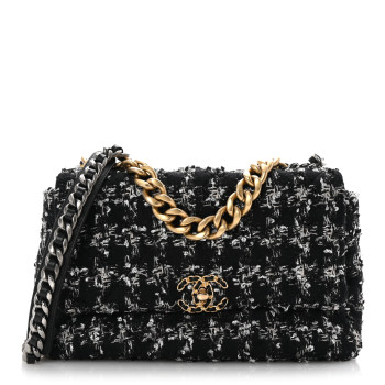 CHANEL Tweed Quilted Large Chanel 19 Flap Black Silver Ecru