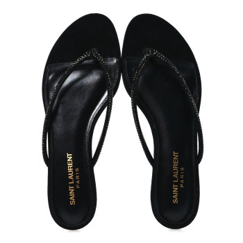 SAINT LAURENT Kid Suede Strass Crystal Embellished Joni 05 Flat Sandals 37 Black