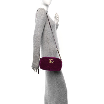 GUCCI Velvet Matelasse Small GG Marmont Chain Shoulder Bag Fuchsia Violet Cyclamen