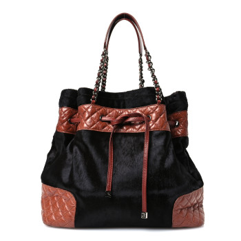 CHANEL Aged Calfskin Pony Hair Quilted Miss Pony Drawstring Tote Brown
