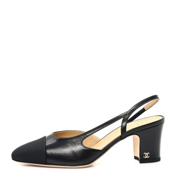 CHANEL Goatskin Grosgrain Cap Toe CC Slingback Pumps 37 Black