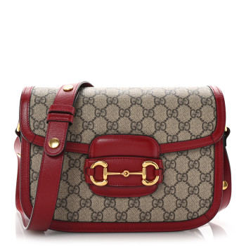 GUCCI GG Supreme Monogram Azalea Calfskin Horsebit 1955 Shoulder Bag Beige Ebony New Cherry Red