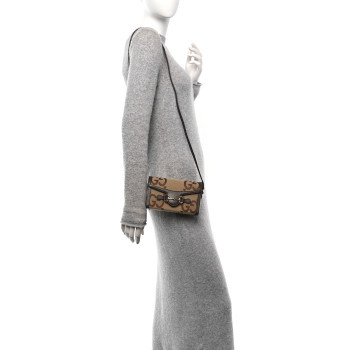 GUCCI Monogram Jumbo GG Textured Dollar Calfskin Mini Horsebit 1955 Shoulder Bag Camel Ebony New Acero