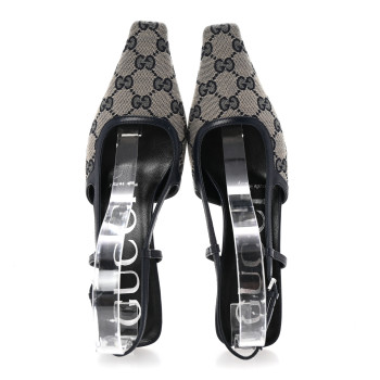 GUCCI GG Monogram Malaga Kid Square G 35mm Slingback Pumps 36 Beige Blue