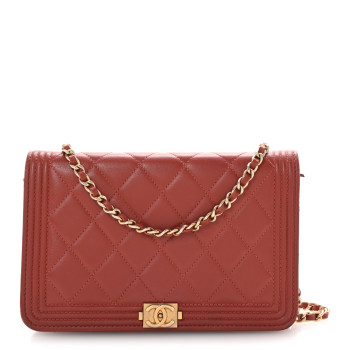 CHANEL Lambskin Quilted Boy Wallet On Chain WOC Red