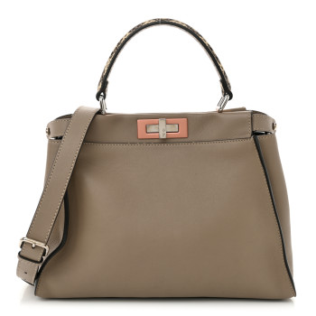 FENDI Vitello Seta Shiny Nappa Elaphe Medium Peekaboo Iconic Satchel Tortora Natural Ebano