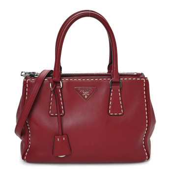 PRADA City Calf Small Hand Stitched Galleria Double Zip Tote Fuoco White