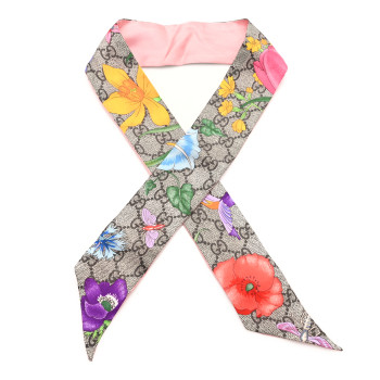 GUCCI Silk Twill GG Monogram Special Flory Neck Bow Scarf Beige Pink
