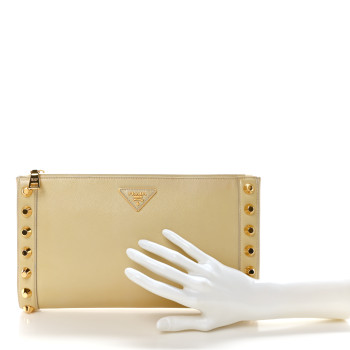 PRADA Saffiano Vernice Studded Clutch Talco