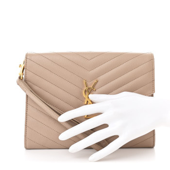 SAINT LAURENT Grain De Poudre Matelasse Chevron Monogram Envelope Clutch Dark Beige