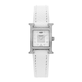 HERMES Stainless Steel Epsom Diamond Bezel Mother of Pearl 17.2mm Heure H Hour Quartz Watch Blanc