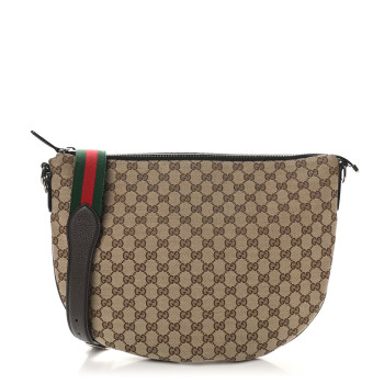GUCCI Monogram Calfskin Web Medium B Shoulder Bag Beige Brown