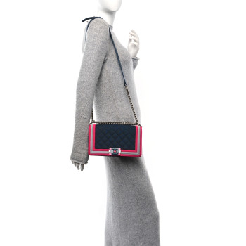 CHANEL Canvas Quilted Medium Fluo Boy Flap Dark Navy Fuchsia Grey