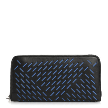 BOTTEGA VENETA Calfskin Perforated Zip Around Wallet Blue Black