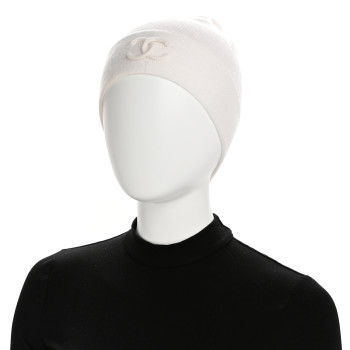 CHANEL Cashmere Cotton CC Beanie Hat White