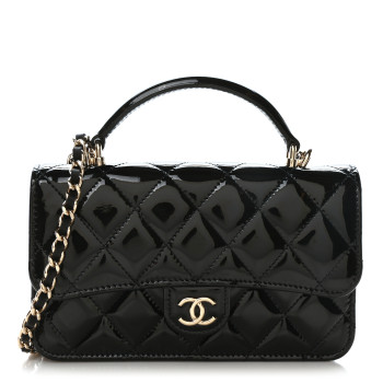 CHANEL Patent Calfskin Quilted Flap Phone Holder With Chain Black