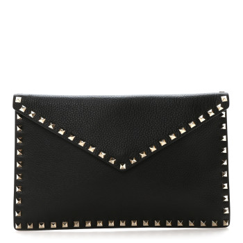 VALENTINO GARAVANI Pebbled Calfskin Large Rockstud Envelope Clutch Black