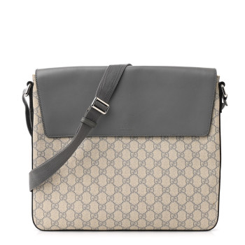 GUCCI GG Supreme Monogram Selleria Calfskin Satchel Messenger Bag Ecru Grigio