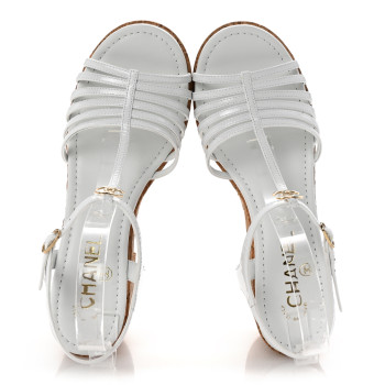 CHANEL Patent Cork CC Ankle Strap Platform Sandals 38 White