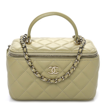 CHANEL Lambskin Quilted Small Top Handle Vanity Case With Chain Light Green