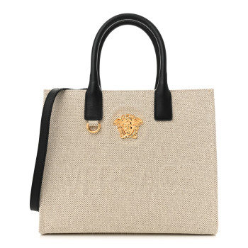 VERSACE Canvas Calfskin La Medusa Small Tote Bag Beige