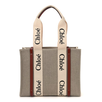 CHLOE Cotton Calfskin Medium Woody Ribbon Tote White Brown