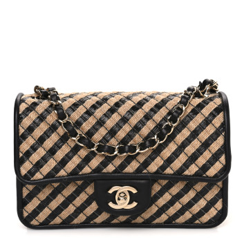 CHANEL Raffia Jute Striped Small Urban Jungle Single Flap Black Beige