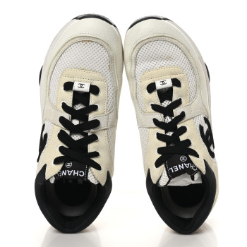 CHANEL Mesh Suede Calfskin Grained Calfskin Womens CC Sneakers 39.5 White Black