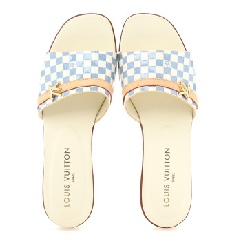 LOUIS VUITTON Damier Azur Patent Neo Revival Flat Mule Sandals 40 Blanc Bleu