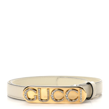 GUCCI Plutone Calfskin Crystal Embellished Logo 20mm Belt 85 34 White