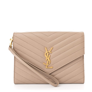 SAINT LAURENT Grain De Poudre Matelasse Chevron Monogram Envelope Clutch Dark Beige
