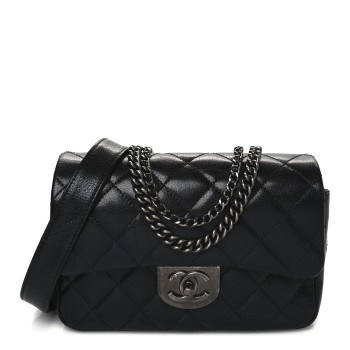 CHANEL Shiny Goatskin Quilted Small Double Carry Waist Chain Flap Black