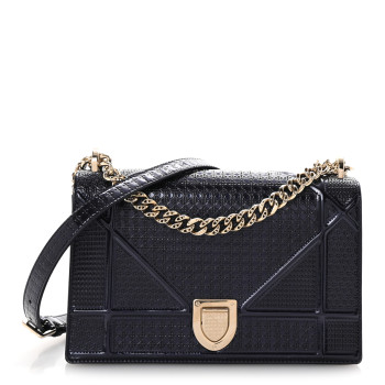 CHRISTIAN DIOR Metallic Patent Micro-Cannage Medium Diorama Flap Bag Navy Blue