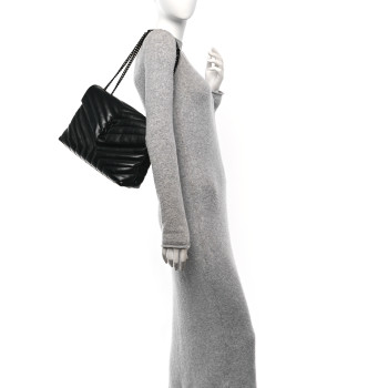 SAINT LAURENT Calfskin Y Quilted Monogram Monochrome Medium Loulou Chain Satchel Black