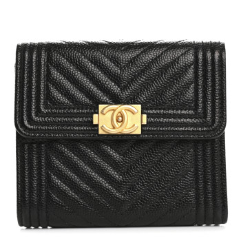 CHANEL Caviar Chevron Quilted Boy Compact Wallet Black