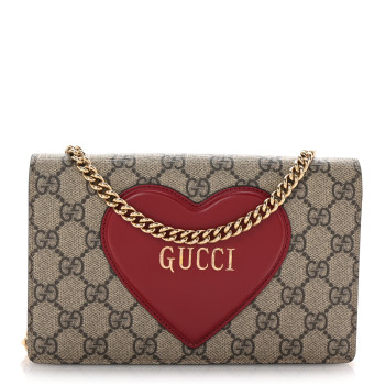GUCCI GG Supreme Monogram Script Logo Heart Wallet on Chain Beige Brown