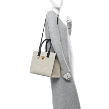 VERSACE Canvas Calfskin La Medusa Small Tote Bag Beige